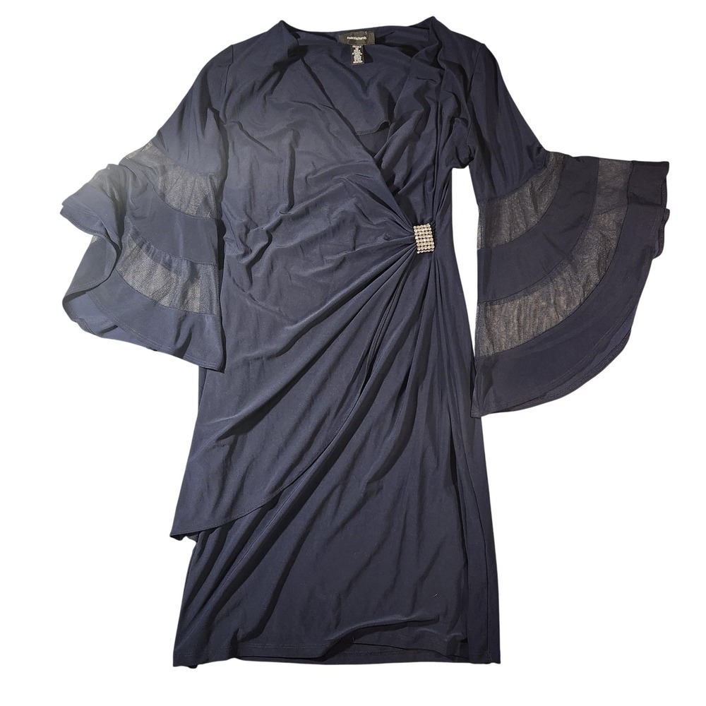 R&M Richards Dress Womens 12 Faux Wrap Bell Angel Sleeve Rhinestone Cocktail